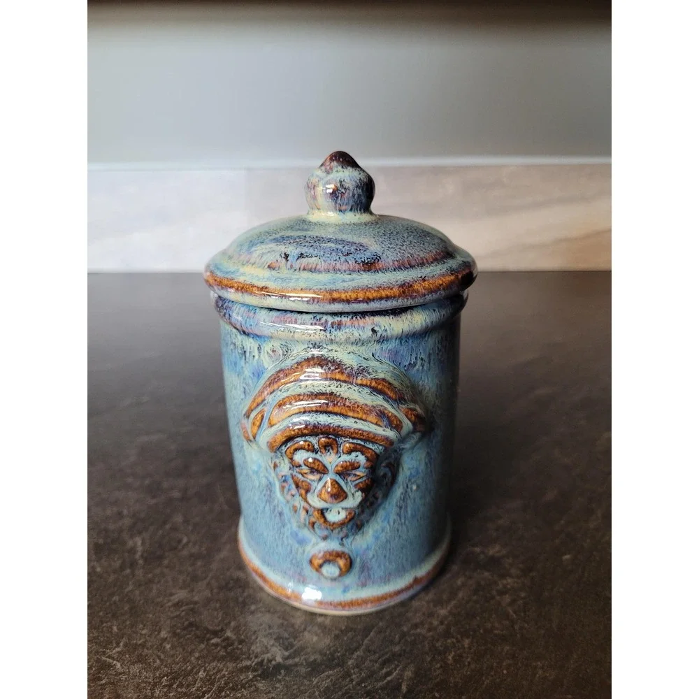 Blue‎ Drip Glaze Lion Face Lidded Jar Medieval Heraldic Decor Stoneware Canister